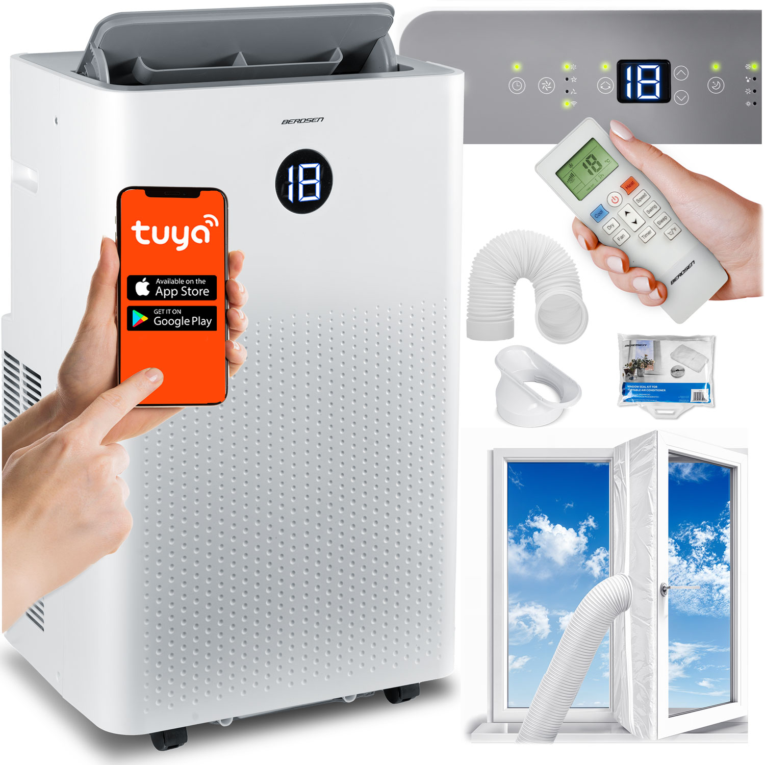Klimatyzator przenośny z uszczelką 14000 BTU osuszacz grzanie WiFi 37l/24h Berdsen BD-584